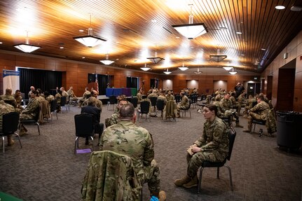Service members from across the Alaska National Guard gathered at the Arctic Warrior Event Center on Joint Base Elmendorf-Richardson, Alaska to exchange knowledge and advice during the ANGEA State Conference held Nov. 4, 2022. (Alaska National Guard photo by Staff Sgt. Katie Mazos-Vega)
