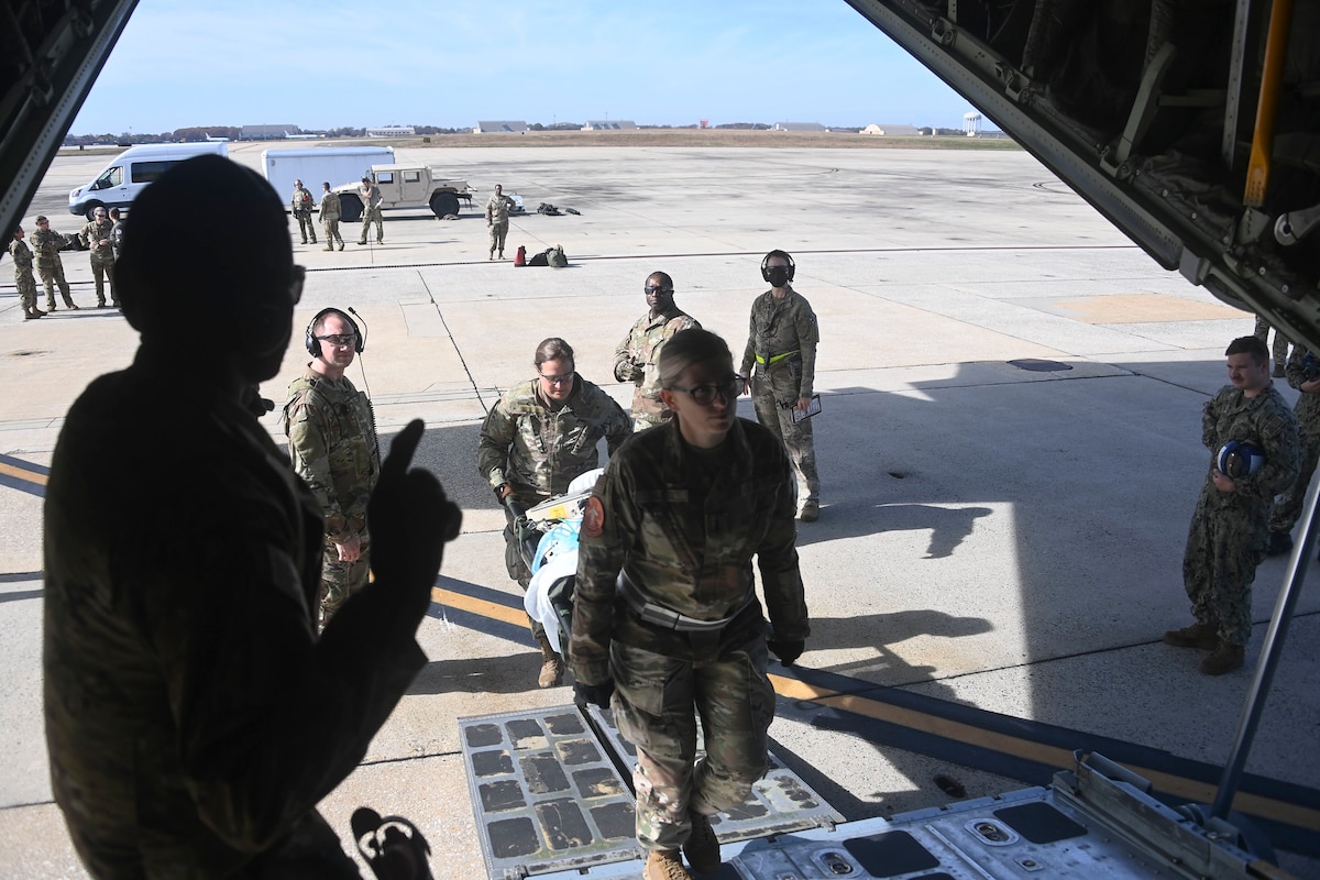 The 459th Aeromedical Evacuation Squadron recently conducted a local C-130T Aeromedical Evacuation static training mission here in conjunction with other 459th medical units, 459th Security Forces, active-duty Air Force, Air National Guard and Navy.