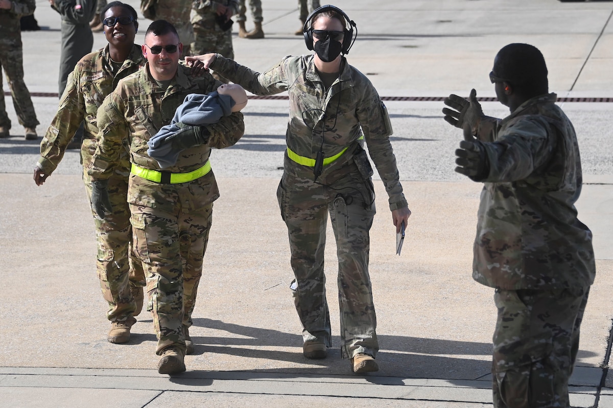 The 459th Aeromedical Evacuation Squadron recently conducted a local C-130T Aeromedical Evacuation static training mission here in conjunction with other 459th medical units, 459th Security Forces, active-duty Air Force, Air National Guard and Navy.