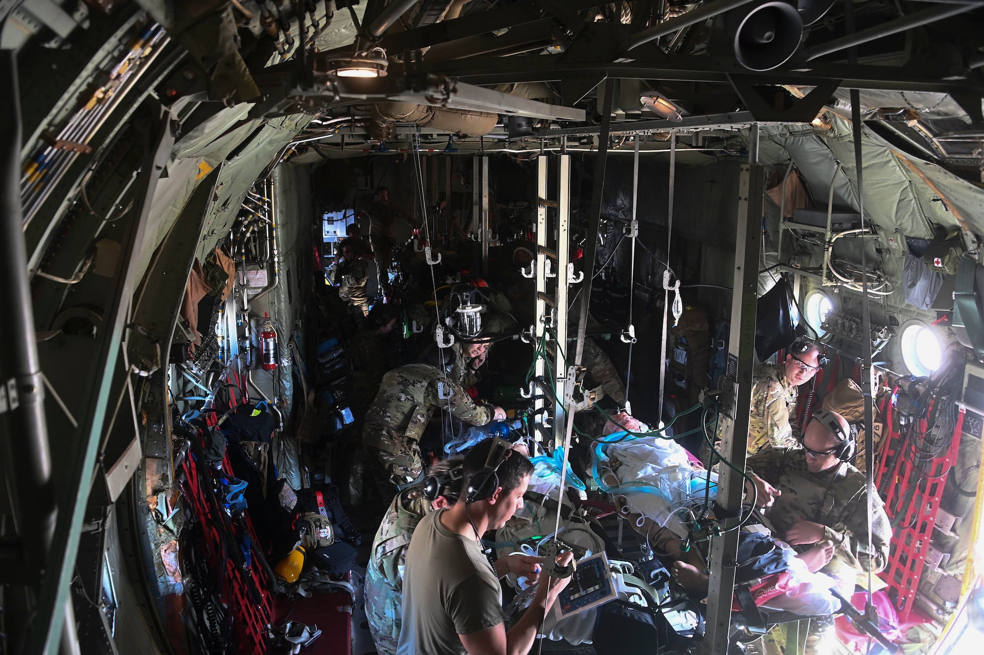 The 459th Aeromedical Evacuation Squadron recently conducted a local C-130T Aeromedical Evacuation static training mission here in conjunction with other 459th medical units, 459th Security Forces, active-duty Air Force, Air National Guard and Navy.