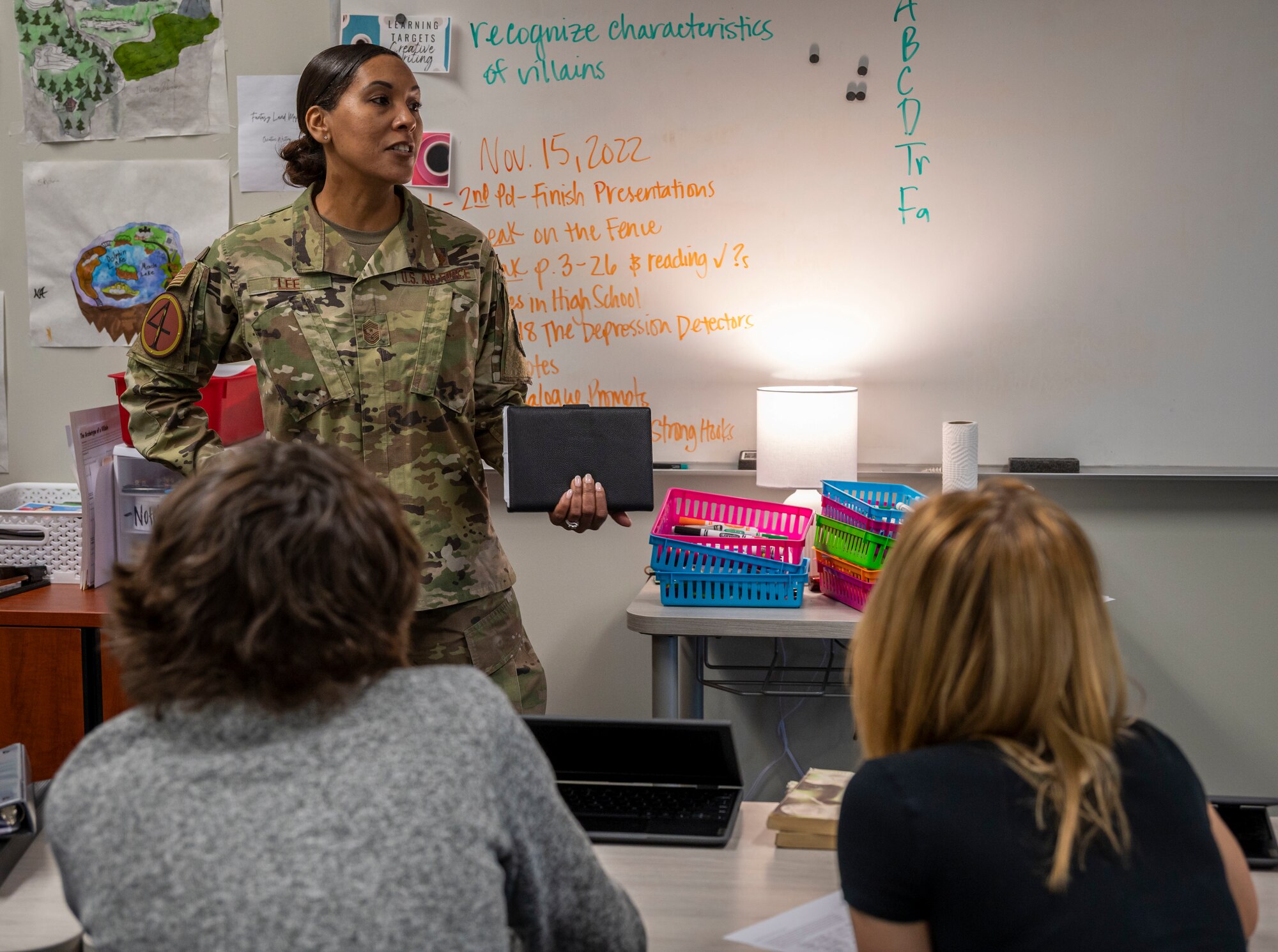 Chief Master Sgt. Sonia Lee, 15th Air Force command chief, meets with students from the Wayne School of Technical Arts during her visit at Seymour Johnson Air Force Base, North Carolina, Nov. 15, 2022. Lee spoke about the importance of education, mental health and opportunities within the U.S. Air Force. (U.S. Air Force photo by Airman 1st Class Sabrina Fuller)