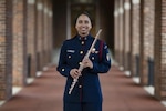 U.S. Coast Guard Petty Officer 1st Class Meera Gudipati, Flutist for the Coast Guard Band, poses for an environmental portrait. Gudipati is the co-principal flutist for the band. (U.S. Coast Guard photo by Petty Officer 3rd Class Matthew Thieme)