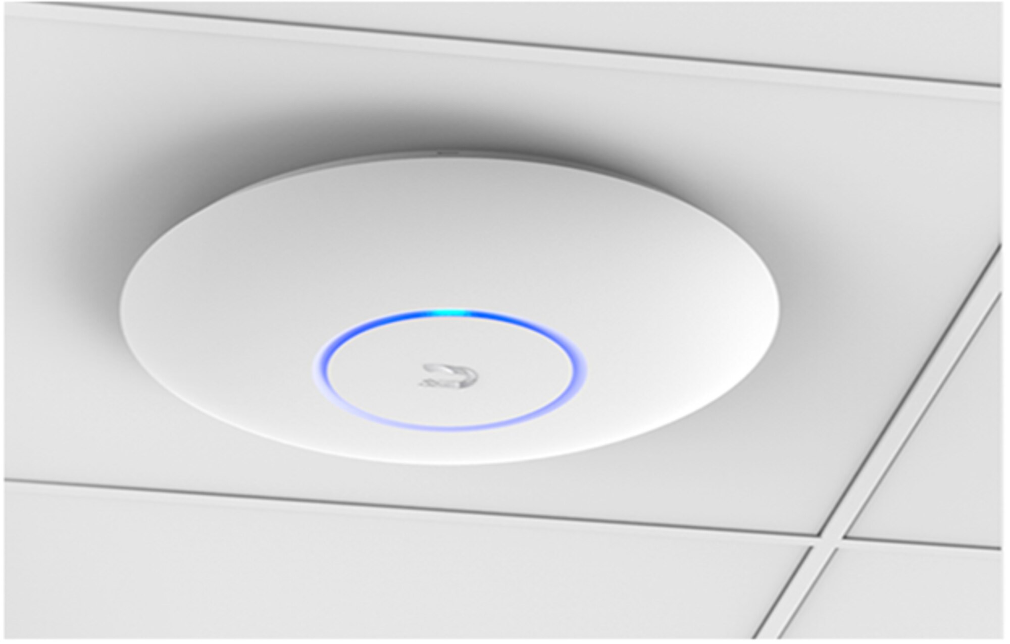 The network device is white in color with a blue circle in the middle