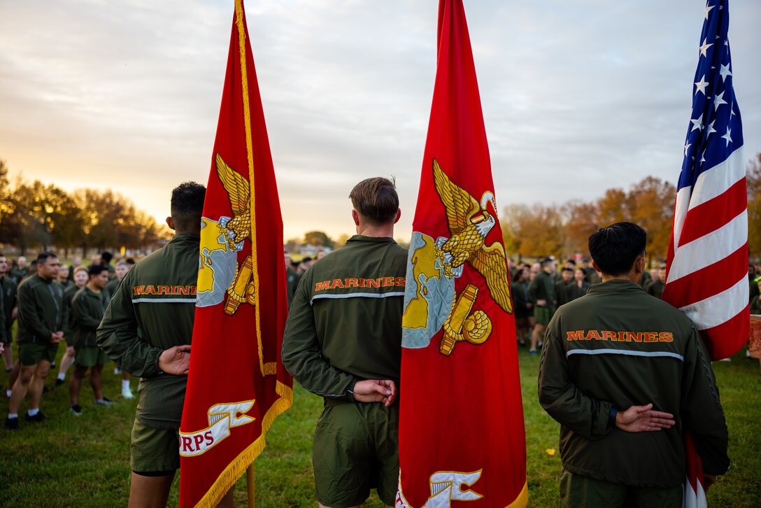 U.S. Marines with Marine Corps Base Quantico, gather in a semicircle after completing a motivational run honoring the Marine Corps’ 247th birthday on Marine Corps Base Quantico, Virginia, Nov. 10, 2022. Each year, Marines come together to celebrate the birthday with ceremonies that recall the history of the Corps and enhance the camaraderie shared across generations of Marines. (U.S. Marine Corps photo by Lance Cpl. Joaquin Dela Torre)