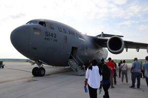 Summer 2022’s slate of Air Force Research Laboratory, or AFRL Minority Leaders – Research Collaboration Program interns vsit a C-17 at Wright Patterson Air Force Base. AFRL summer internships grant access to specialized research equipment and laboratory space to engage in ongoing research projects and augment the recruitment pipeline for the next generation of leaders in science, technology, engineering and math (U.S. Air Force photo).