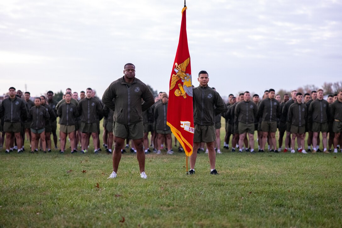 U.S. Marine Corps 1st Sgt. Orlando Freeman, first sergeant, Headquarters Company, Security Battalion, left, stands in formation before a motivational run honoring the Marine Corps’ 247th birthday on Marine Corps Base Quantico, Virginia, Nov. 10, 2022. Each year, Marines come together to celebrate the birthday with ceremonies that recall the history of the Corps and enhance the camaraderie shared across generations of Marines. (U.S. Marine Corps photo by Lance Cpl. Joaquin Dela Torre)