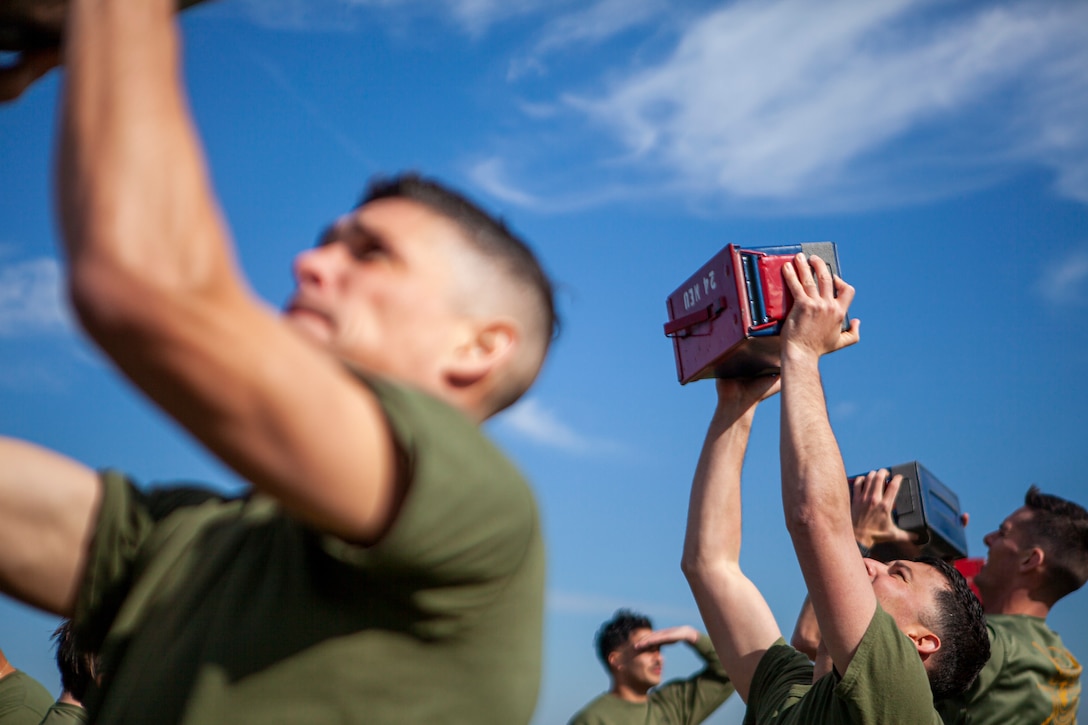 U.S. Marines assigned to the 24th Marine Expeditionary Unit participate in a Combat Fitness Test (CFT) Nov. 17, 2022 at Camp Lejeune, North Carolina. The CFT is an annual physical fitness evaluation and includes a movement to contact, ammunition can lift, and maneuver under fire. (U.S. Marine Corps photo by SSgt. Timothy Turner)