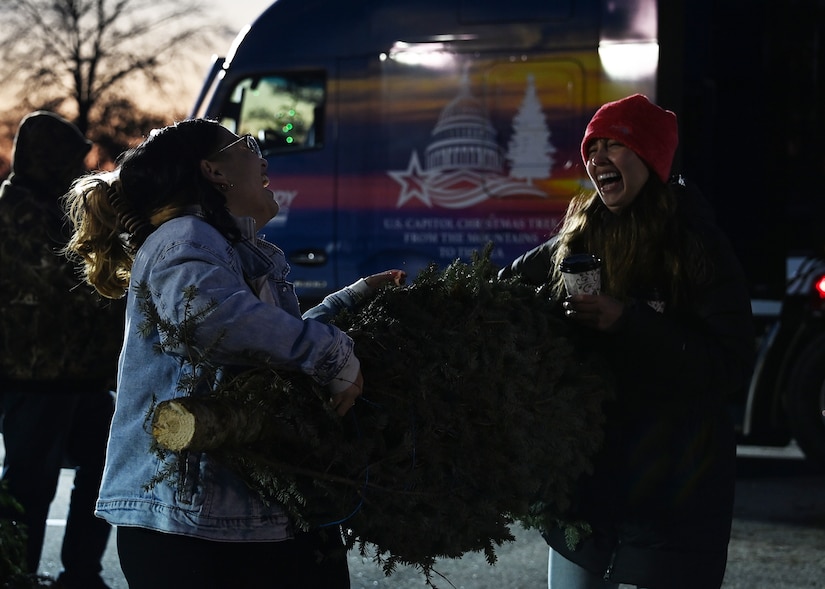 Joint Base Andrews community members carry a donated Christmas tree at the Capitol Christmas Tree celebration at Joint Base Andrews, Md., Nov. 17, 2022. During the event, service members and families viewed the tree, signed well wishes on the truck banners, and walked through an interactive display about the four national forests in North Carolina. (U.S. Air Force photo by Airman 1st Class Austin Pate)
