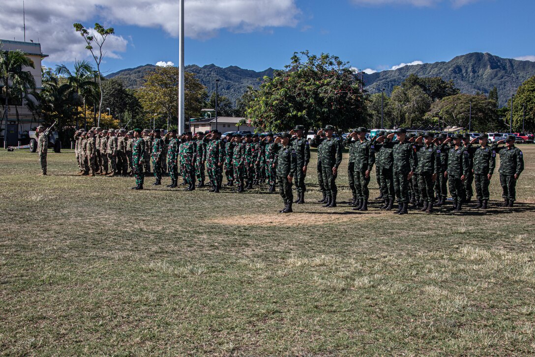 25th Infantry Division performed a cultural exchange between the Indonesian Army and the Royal Thai Army on Schofield Barracks, Hawaii, Oct. 30, 2021. 25th Inf. Div. held a cultural exchange at the closing ceremony for Joint Pacific Multinational Readiness Center (JPMRC). ( U.S. Army photo by Pfc. Daniel Proper, 25th Infantry Division)