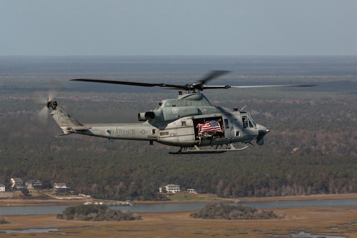 U.S. Marines with Marine Light Attack Helicopter Squadron (HMLA) 269 fly a UH-1Y Venom near Marine Corps Air Station New River, North Carolina, Nov. 7, 2022. This was the last flight for HMLA-269, which is deactivating in accordance with Force Design 2030. HMLA-269 is a subordinate unit of 2nd Marine Aircraft Wing, the aviation combat element of II Marine Expeditionary Force. (U.S. Marine Corps photo by Pfc. Rowdy Vanskike)