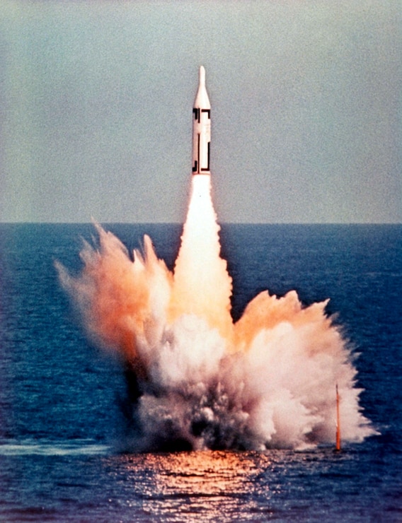 The first unarmed Polaris A1 Missile successfully launches from the fleet ballistic missile submarine USS George Washington (SSBN 598) off the coast of Cape Canaveral, Florida.