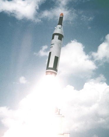 An unarmed Polaris A1 Missile successfully completes an early launch at the Cape. These launches came just four years after the Navy and industry teams began researching and developing this capability.
