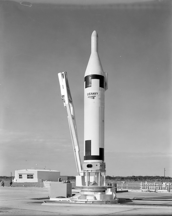 An early Polaris A2 missile rests on the launch pad at the Cape during its testing and development phases.