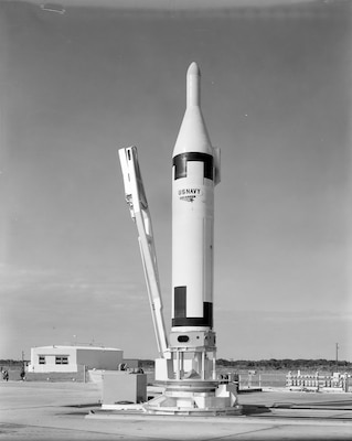 An early Polaris A2 missile rests on the launch pad at the Cape during its testing and development phases.