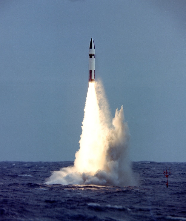 The first unarmed Polaris A3 Missile successfully launches from the fleet ballistic missile submarine USS Daniel Webster (SSBN 626) off the coast of Cape Kennedy, Florida.