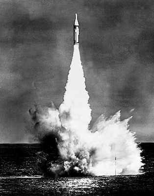 The first unarmed Polaris A1 Missile successfully launches from the fleet ballistic missile submarine USS George Washington (SSBN 598) off the coast of Cape Canaveral, Florida.