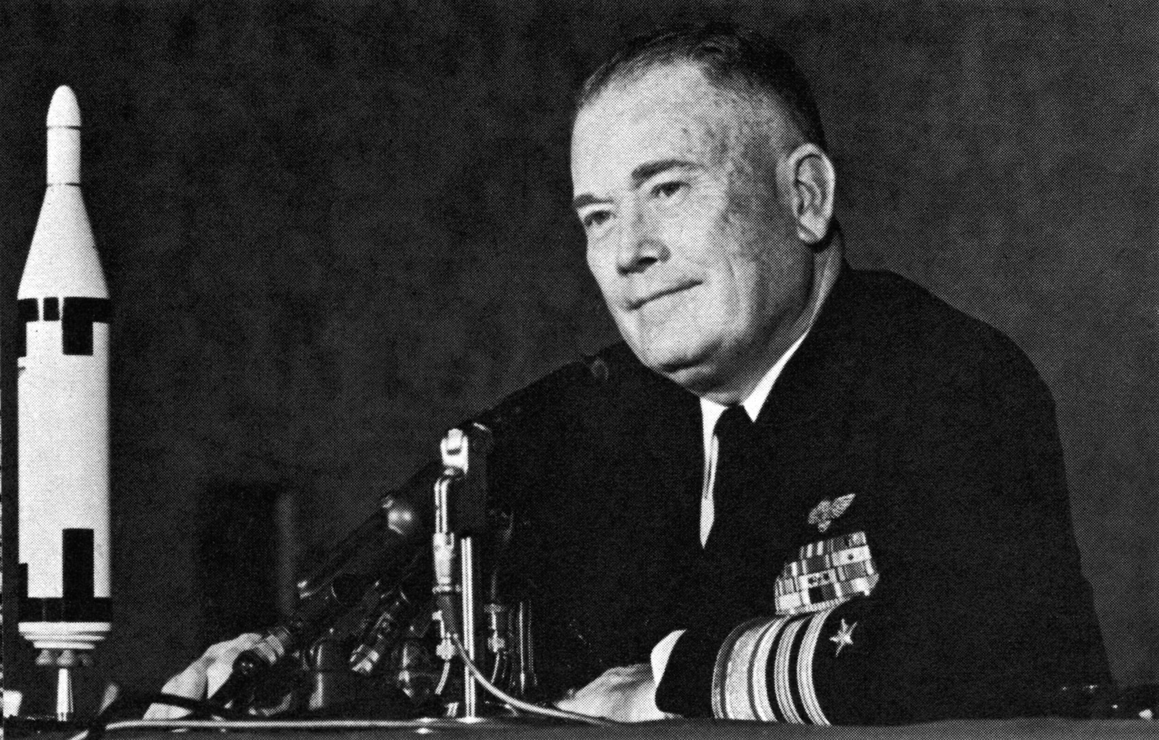 Rear Adm. William F. Raborn, appointed the first director of the Navy Special Projects Office (SPO) in Dec. 1955, answers questions about SPO’s mission and the development of the Polaris A1 missile.