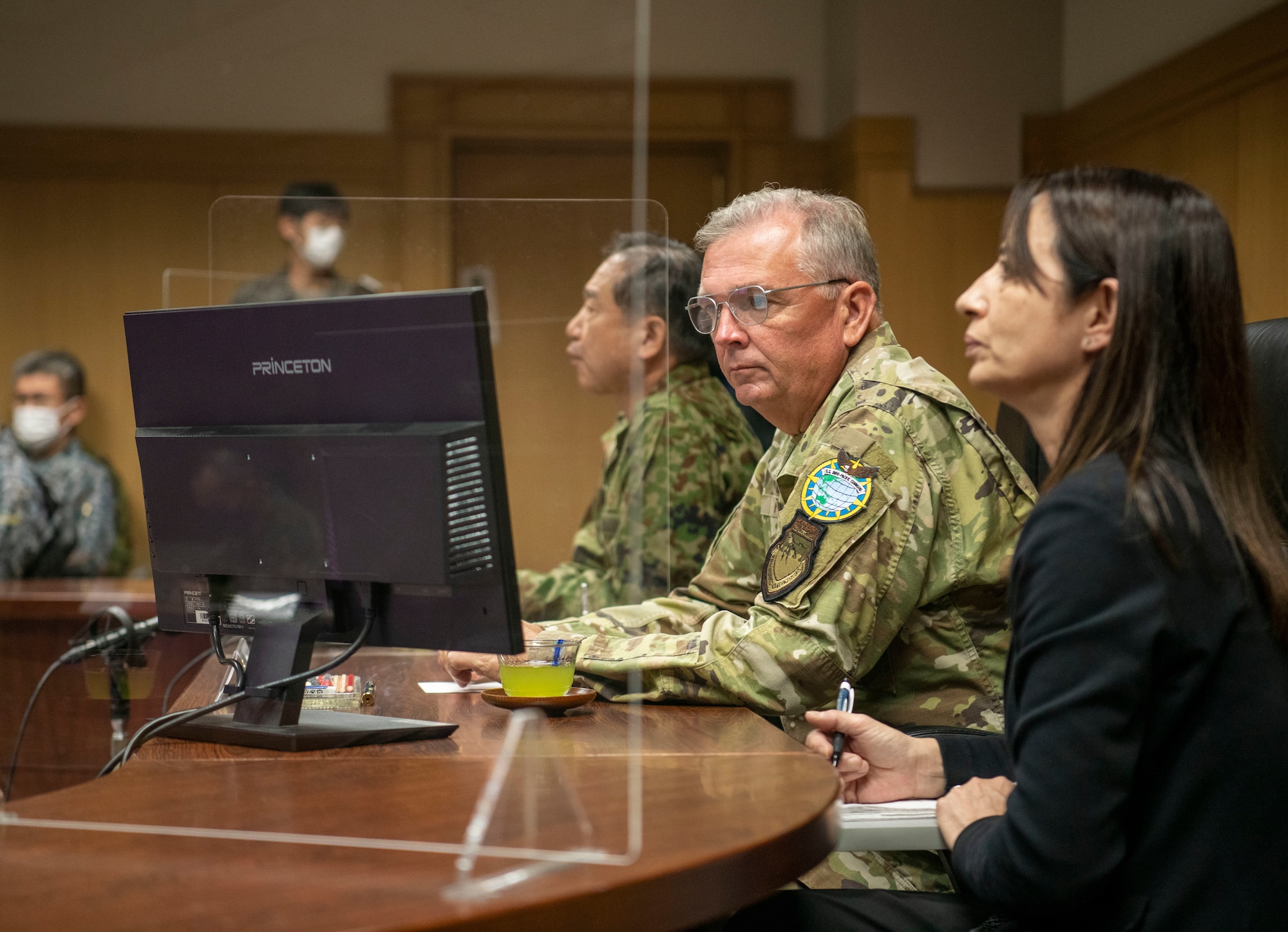 U.S. Air Force Lt. Gen. Ricky Rupp, commander of United States Forces Japan and Fifth Air Force, receives a Space Operations Center brief during exercise Keen Sword 23 at Fuchu Air Base, Japan, Nov. 17, 2022.