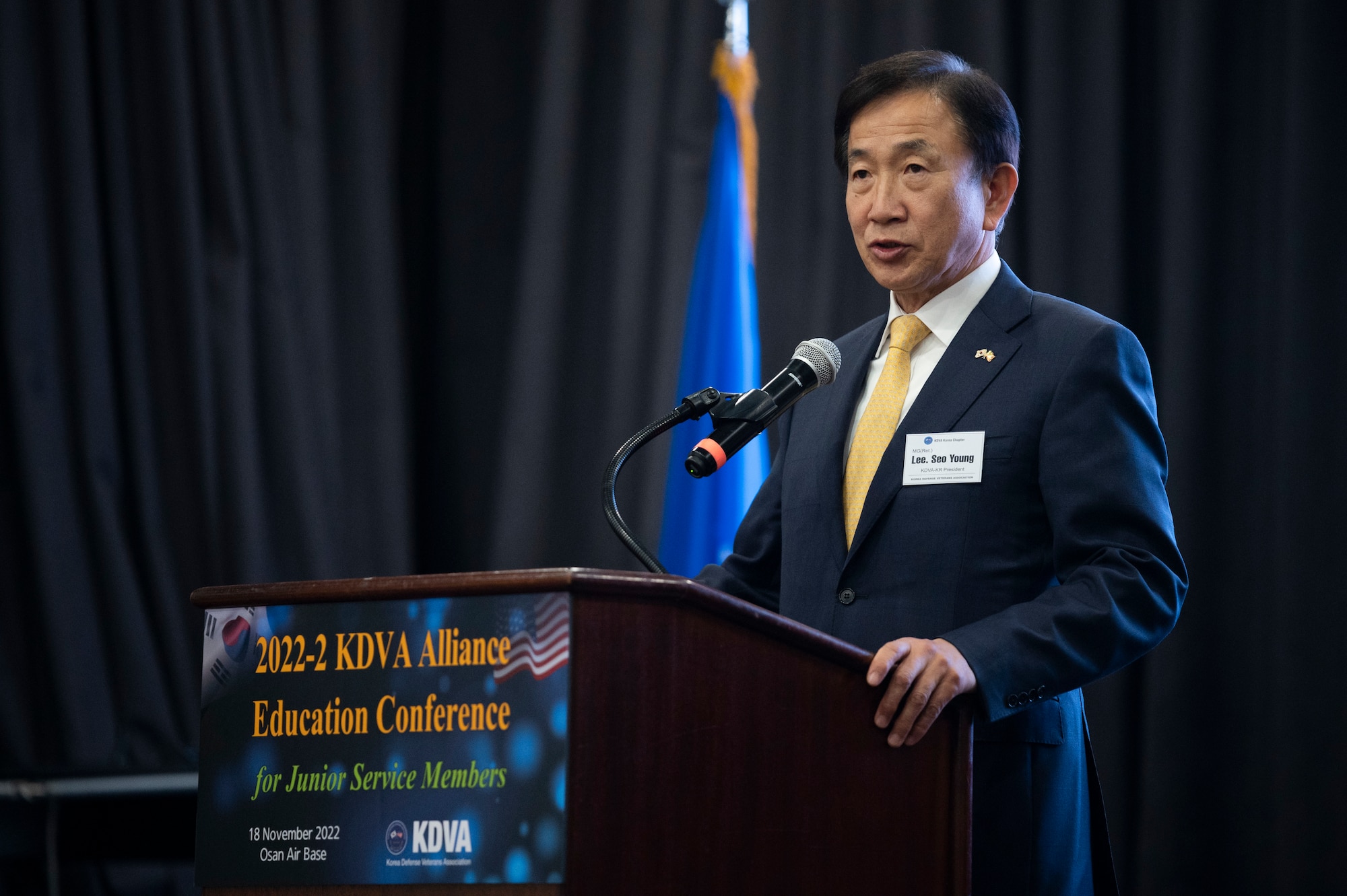 Retired Maj. Gen. Seo Young Lee, Korea Defense Veterans Association Korean chapter president, gives welcoming remarks to the Korean Defense Veterans Association Alliance Education Conference participants at Osan Air Base, Republic of Korea Nov. 18, 2022.