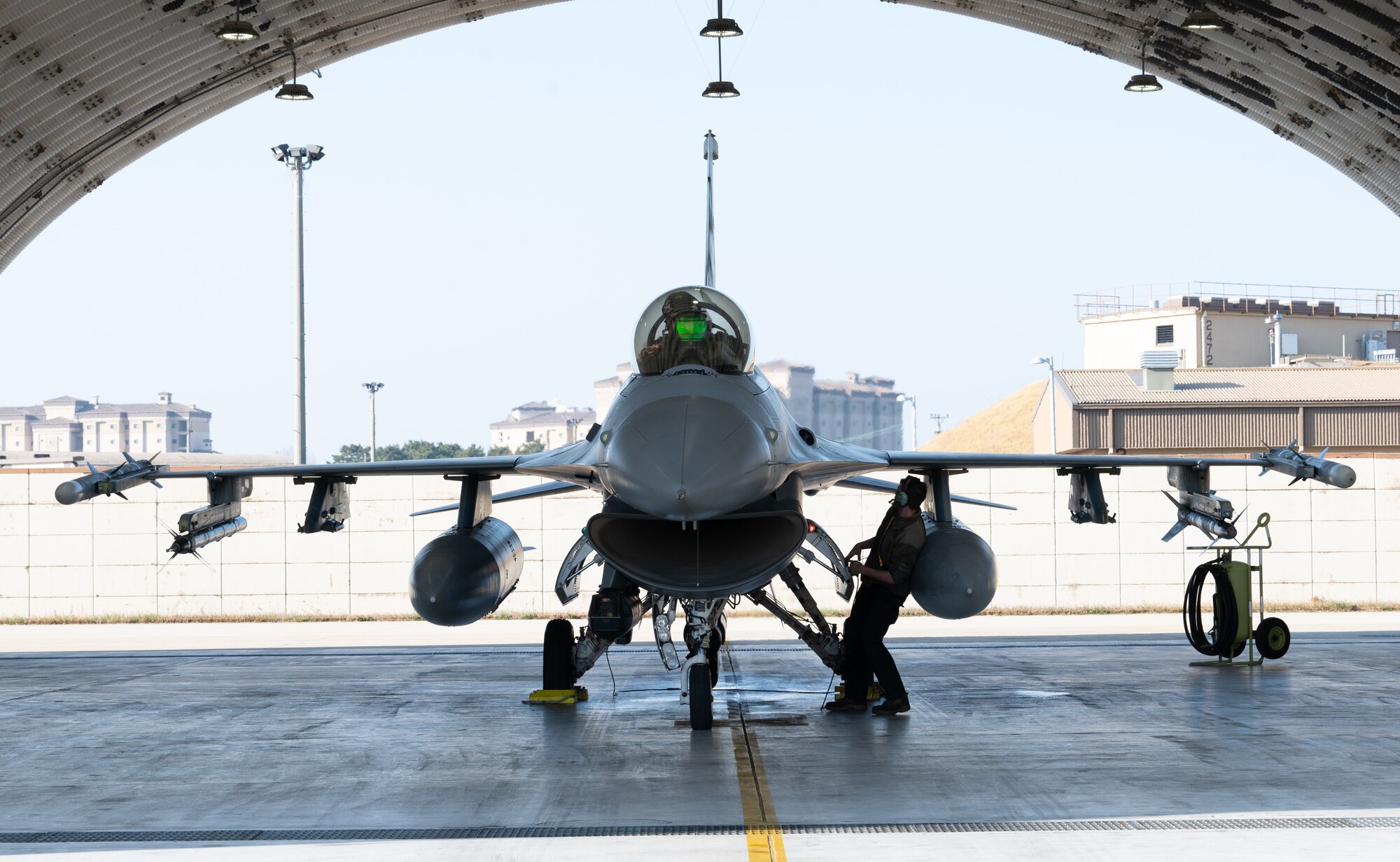 An F-16 Fighting Falcon waits to taxi prior to takeoff at Kunsan Air Base, Republic of Korea, Nov. 18, 2022. Kunsan’s fighter fleet plays a role in keeping the Indo-Pacific theater free and open through taking on a multi-role position employing air-to-ground and air-to-air. (U.S. Air Force photo by Staff Sgt. Sadie Colbert)
