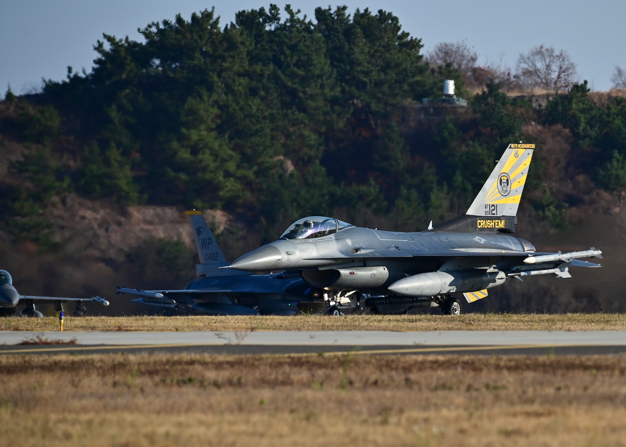One of five F-16 Fighting Falcons assigned to the 80th Fighter Squadron takes off at Kunsan Air Base, Republic of Korea, Nov. 18, 2022. The 80th Fighter squadron stands ready to conduct counter-air, air interdiction and close air support missions in support of a free and open indo-pacific region. (U.S. Air Force photo by Staff Sgt. Isaiah J. Soliz)