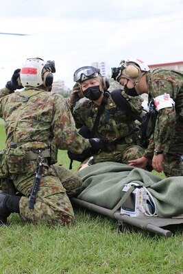 Members of Japan Ground Self Defense Force conduct medical training at Camp Foster, Marine Corps Base S.D. Butler, Okinawa prefecture, Japan, during exercise Keen Sword 23, Nov. 15. Keen Sword is a joint, bilateral, biennial field-training exercise involving U.S. military and Japan Self-Defense Force personnel, designed to increase combat readiness and interoperability and strengthen the ironclad Japan-U.S. alliance. (Courtesy photo/Released)