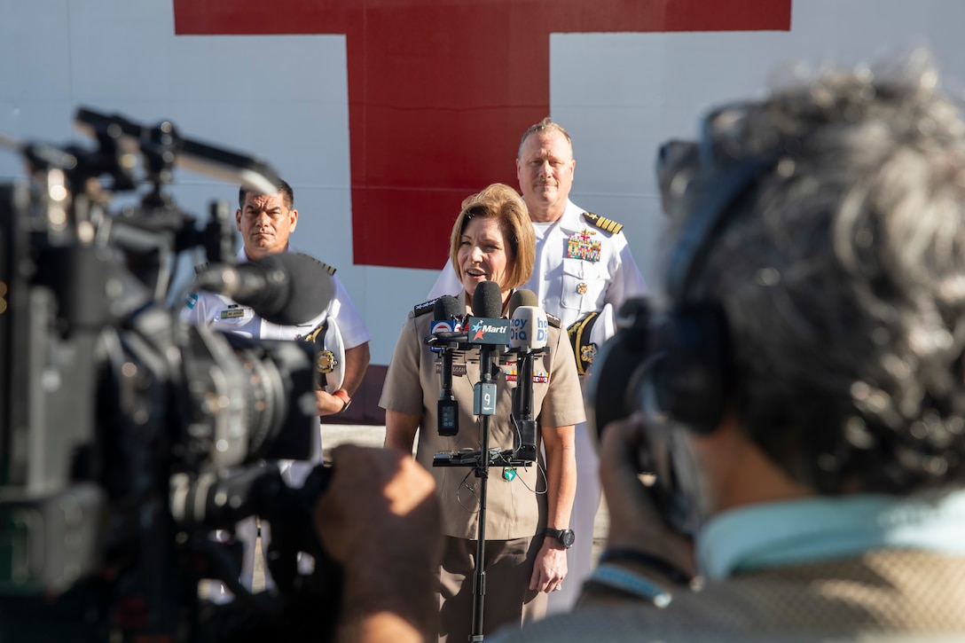 Gen. Laura J. Richardson, commander of U.S. Southern Command, speaks to media on the pier before embarking the hospital ship USNS Comfort (T-AH 20), Oct. 23, 2022. Comfort is deployed to U.S. 4th Fleet in support of Continuing Promise 2022, a humanitarian assistance and goodwill mission conducting direct medical care, expeditionary veterinary care, and subject matter expert exchanges with five partner nations in the Caribbean, Central and South America.