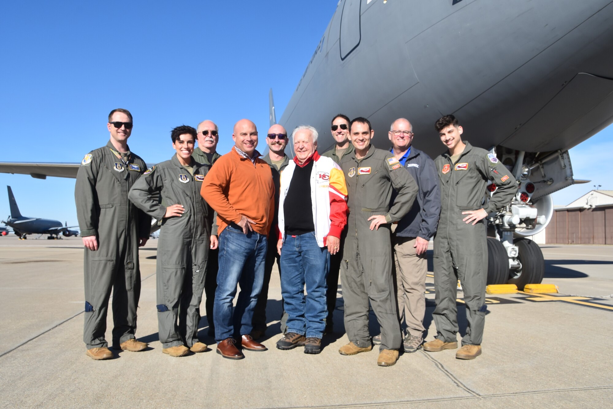 Five members of a 931st Air Refueling Wing aircrew poses in front of KC-46A Pegasus with four 931st Air Refueling Wing civic leaders after a civic leader flight