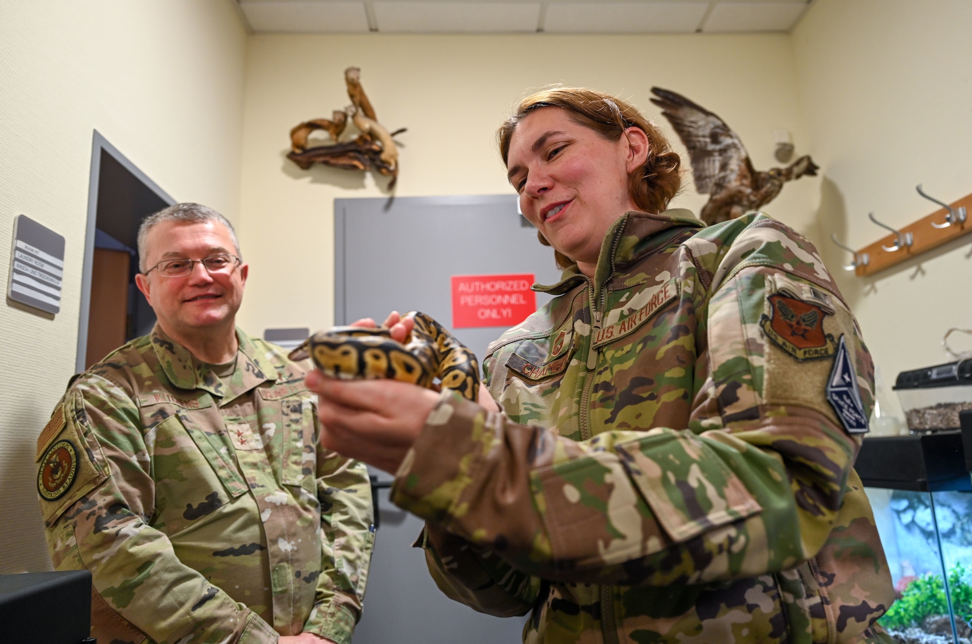 Chaplain (Maj. Gen.) Randall Kitchens, U.S. Air Force chief of chaplains, and Chief Master Sgt. Sadie Chambers, Religious Affairs senior enlisted advisor, interact with snakes while visiting the 52nd Civil Engineer Squadron Pest Management Office at Spangdahlem Air Base, Germany, Nov. 16, 2022. Chambers is responsible for the deliberate development of over 1,000 active-duty Air Force, Guard and Reserve Religious Affairs Airmen. (U.S. Air Force photo by Senior Airman Jessica Sanchez-Chen)