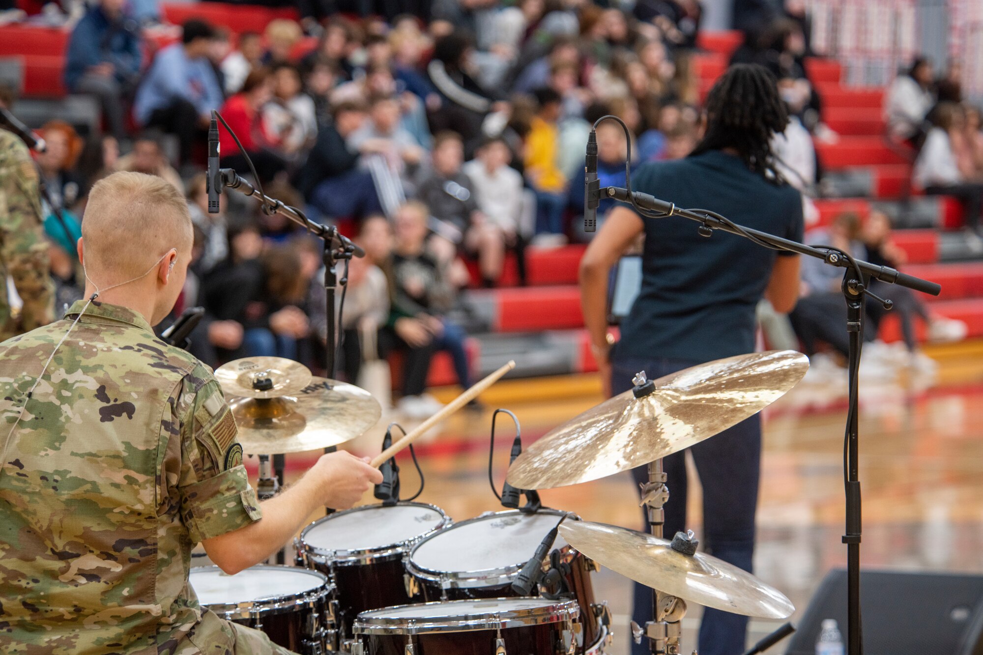 U.S. Air Force Tech. Sgt. Andrew Clemmons, Flight One drummer from Band of Flight, Wright-Patterson Air Force Base, Ohio, performs