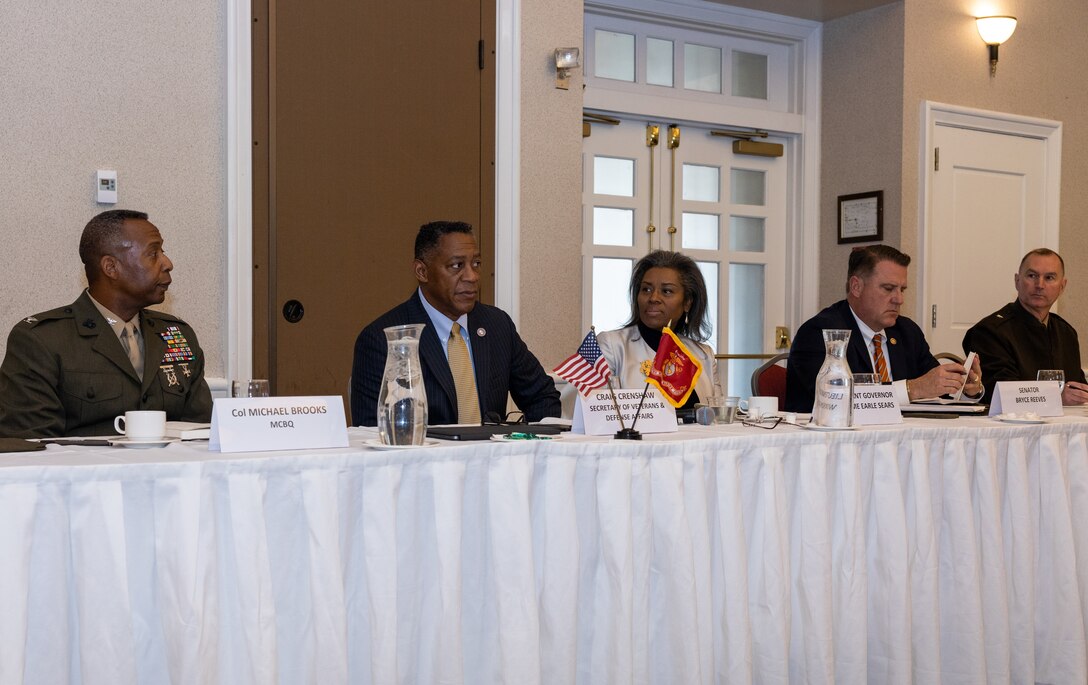 Craig Crenshaw, Secretary of Veterans Affairs, gives opening remarks during a Virginia Military Advisory Council quarterly meeting hosted at The Clubs at Quantico and Crossroads Event Center on Marine Corps Base Quantico, Virginia, Nov. 17, 2022. VMAC is an advisory council to the Commonwealth’s Secretary of Veterans and Defense Affairs, intended to facilitate a collaborative relationship between the Commonwealth and the leaders of each military installation located in Virginia. The quarterly meetings include discussions on mission sustainment and quality of life issues. (U.S. Marine Corps photo by Staff Sgt. Allison M. Bak)