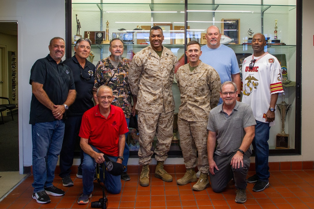 U.S. Marine Corps veterans, residents of San Bernardino County pose for a group photo with U.S. Marine Corps Master Gunnery Sgt. Emanuel Reid and U.S. Marine Corps Lt. Col. Steven Haack