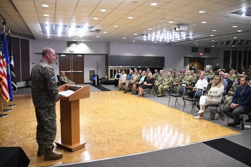 Lt. Col. Christopher Castle, 13th Space Warning Squadron commander, addresses the audience at the 13th SWS change of command ceremony at Clear Space Force Station, Alaska, June 16, 2022. Castle expressed his excitement to work with the units at Clear Space Force station and the future. (U.S. Air National Guard photo by Senior Master Sgt. Julie Avey)