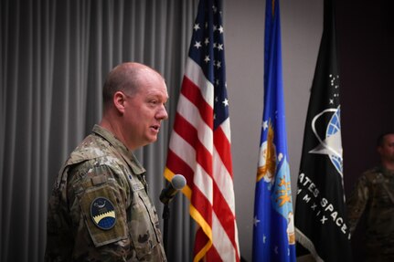 U.S. Space Force Lt. Col. Christopher Castle, 13th Space Warning Squadron commander, addresses the audience at the 13th SWS change of command ceremony at Clear Space Force Station, Alaska, June 16, 2022. Castle expressed his excitement for the future of Clear Space Force Station.(U.S. Air National Guard photo by Senior Master Sgt. Julie Avey)