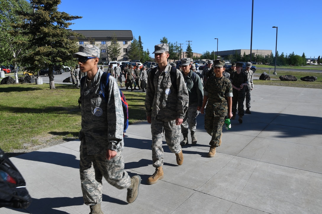 The Interior Alaska Junior Reserve Officer Training Corps visits 168th Wing as part of summer camp and learns about the 168th Wing, pilot, boom operator, aircraft maintenance, security forces, and civil engineering missions. The Interior JROTC cadets are students at West Valley High School Marine Corps JROTC, Lathrop High School Army JROTC, Eielson Air Force Base High School Air Force JROTC, and North Pole High School Air Force JROTC. (U.S. Air National Guard photo by Senior Master Sgt. Julie Avey)