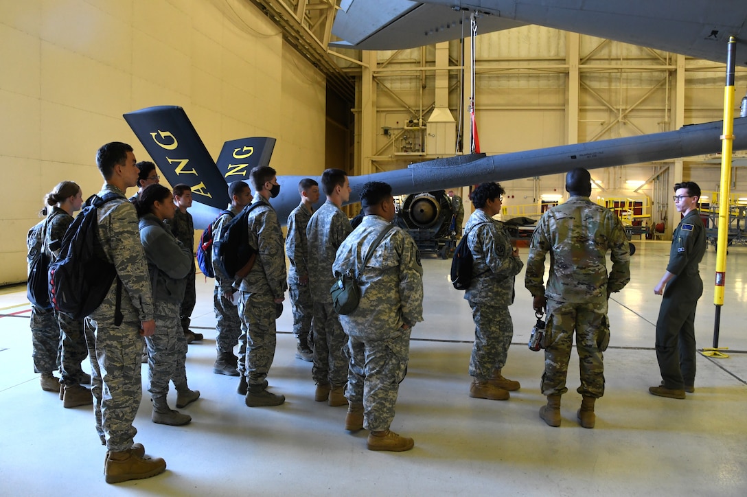 The Interior Alaska Junior Reserve Officer Training Corps visits 168th Wing as part of summer camp and learns about the 168th Wing, pilot, boom operator, aircraft maintenance, security forces, and civil engineering missions. The Interior JROTC cadets are students at West Valley High School Marine Corps JROTC, Lathrop High School Army JROTC, Eielson Air Force Base High School Air Force JROTC, and North Pole High School Air Force JROTC. (U.S. Air National Guard photo by Senior Master Sgt. Julie Avey)