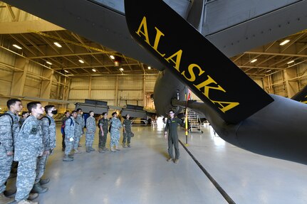 The Interior Alaska Junior Reserve Officer Training Corps visits 168th Wing as part of summer camp and learns about the 168th Wing, pilot, boom operator, aircraft maintenance, security forces, and civil engineering missions. The Interior JROTC cadets are students at West Valley High School Marine Corps JROTC, Lathrop High School Army JROTC, Eielson Air Force Base High School Air Force JROTC, and North Pole High School Air Force JROTC. (U.S. Air National Guard photo by Senior Master Sgt. Julie Avey)