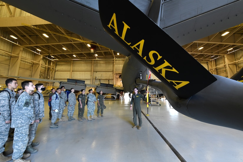 The Interior Alaska Junior Reserve Officer Training Corps visits 168th Wing as part of summer camp and learns about the 168th Wing, pilot, boom operator, aircraft maintenance, security forces, and civil engineering missions. The Interior JROTC cadets are students at West Valley High School Marine Corps JROTC, Lathrop High School Army JROTC, Eielson Air Force Base High School Air Force JROTC, and North Pole High School Air Force JROTC. (U.S. Air National Guard photo by Senior Master Sgt. Julie Avey)