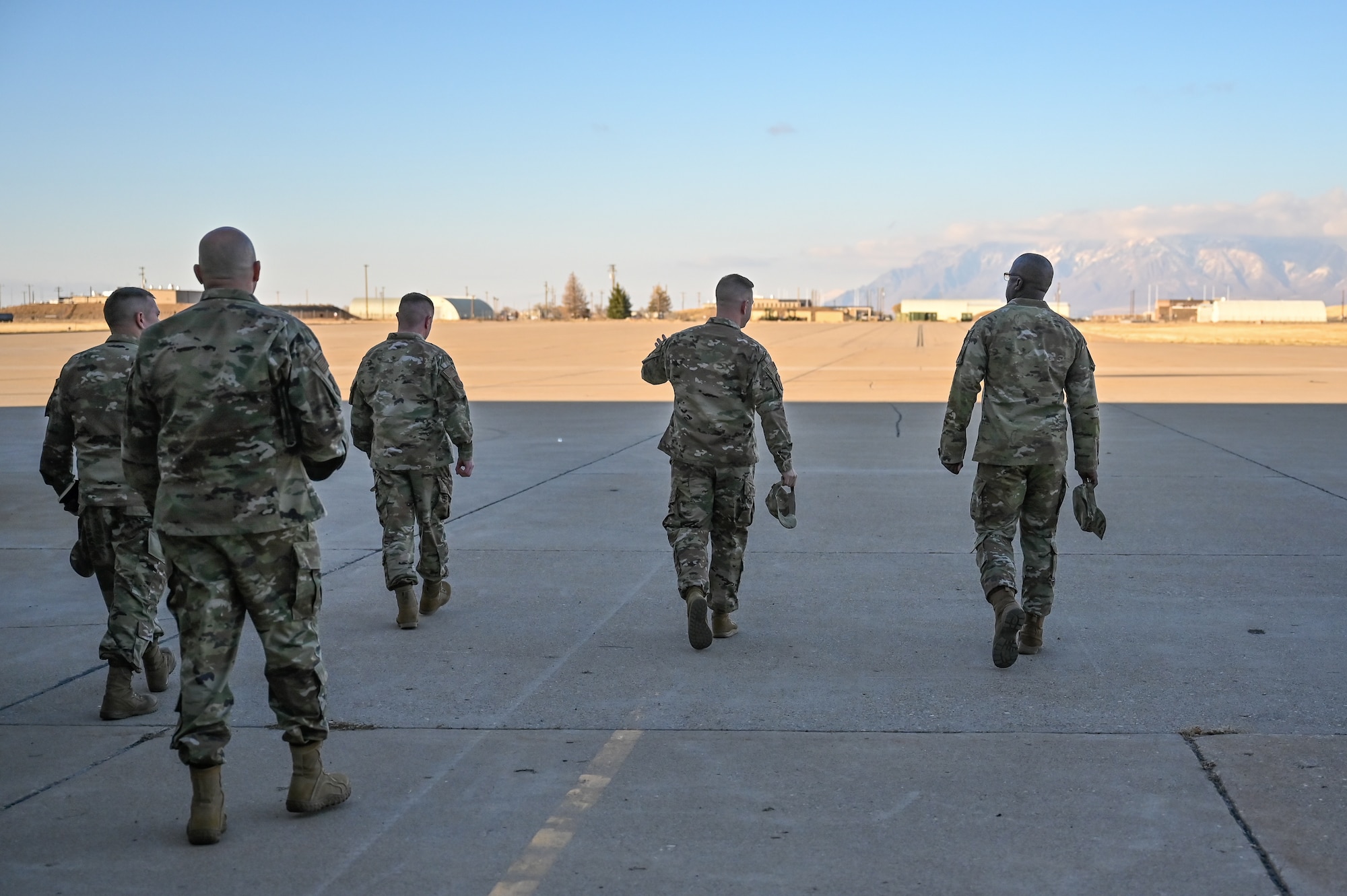 Lt. Gen. Stacey Hawkins (right), Air Force Sustainment Center commander, walks the airfield ramp with other leaders during a base visit Nov. 14, 2022, at Hill Air Force Base, Utah. (U.S. Air Force photo by Cynthia Griggs)