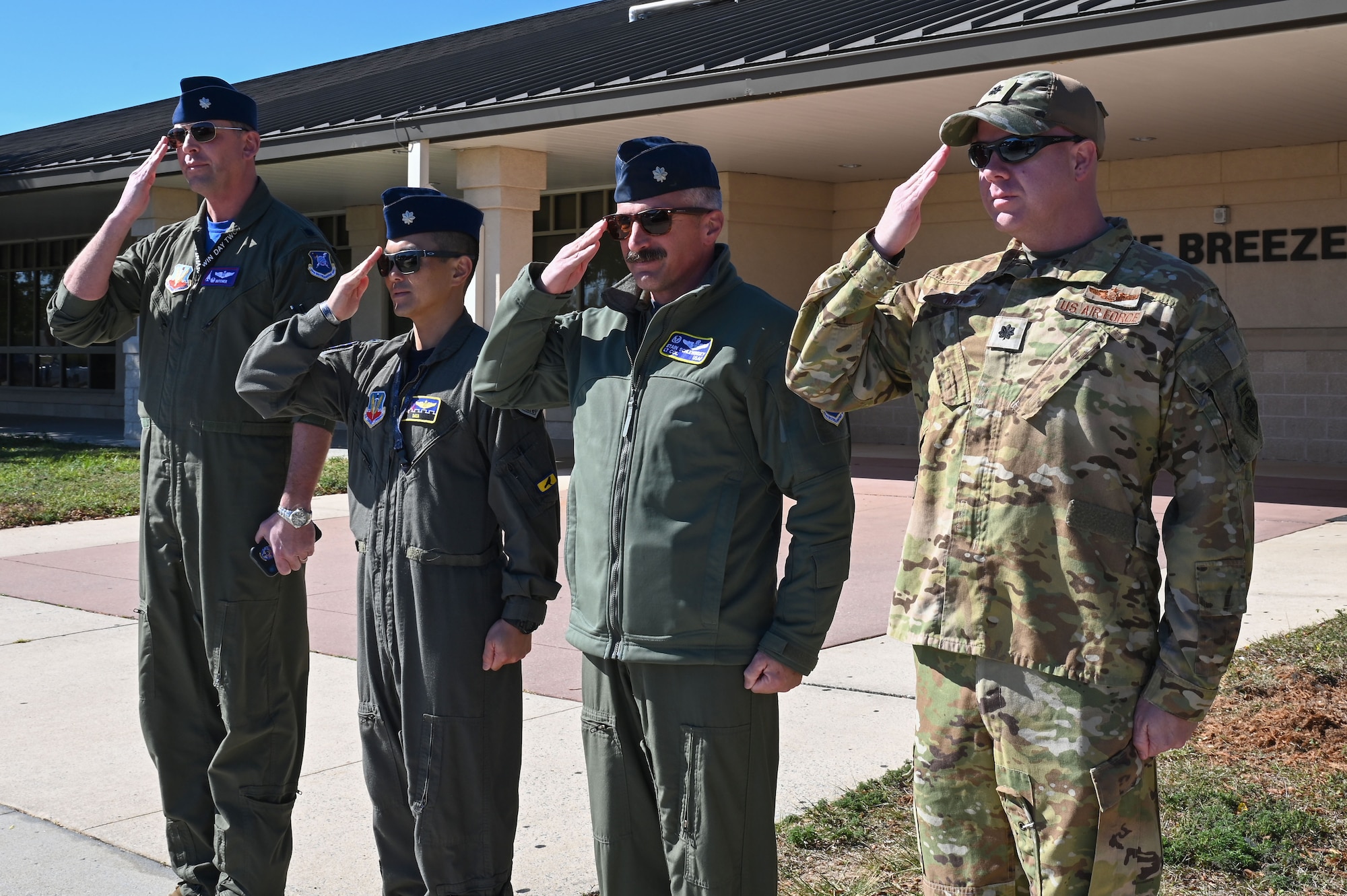 The 350th Spectrum Warfare Wing (SWW) squadron leaders salute U.S. Air Force Lt. Gen. Mary O’Brien, Deputy Chief of Staff for Intelligence, Surveillance, Reconnaissance and Cyber Effects Operations during her visit at Eglin Air Force Base, Fla., Nov. 18, 2022. The 350th SWW will develop and employ evolutionary, cutting-edge capabilities to air component commanders. (U.S. Air Force photo by Staff Sgt. Ericka A. Woolever)