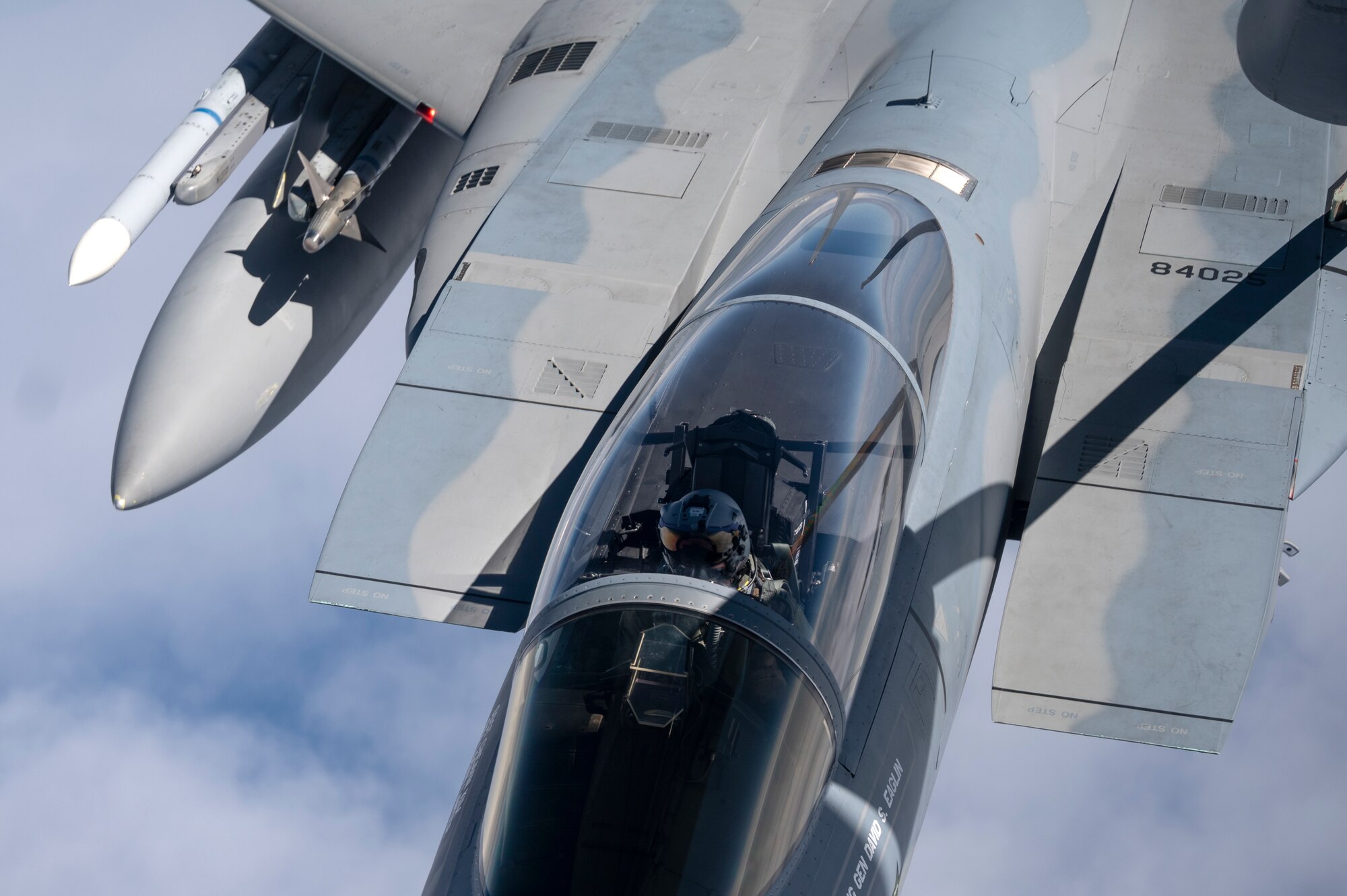 A 44th Fighter Squadron F-15C Eagle receives fuel from a 909th Air Refueling Squadron KC-135 Stratotanker during a flight over the Pacific Ocean in support of exercise Keen Sword 23, Nov. 17, 2022. Bilateral exercises demonstrate the U.S. and Japan’s strong, shared commitment to a free and open Indo-Pacific. (U.S. Air Force photo by Senior Airman Jessi Roth)