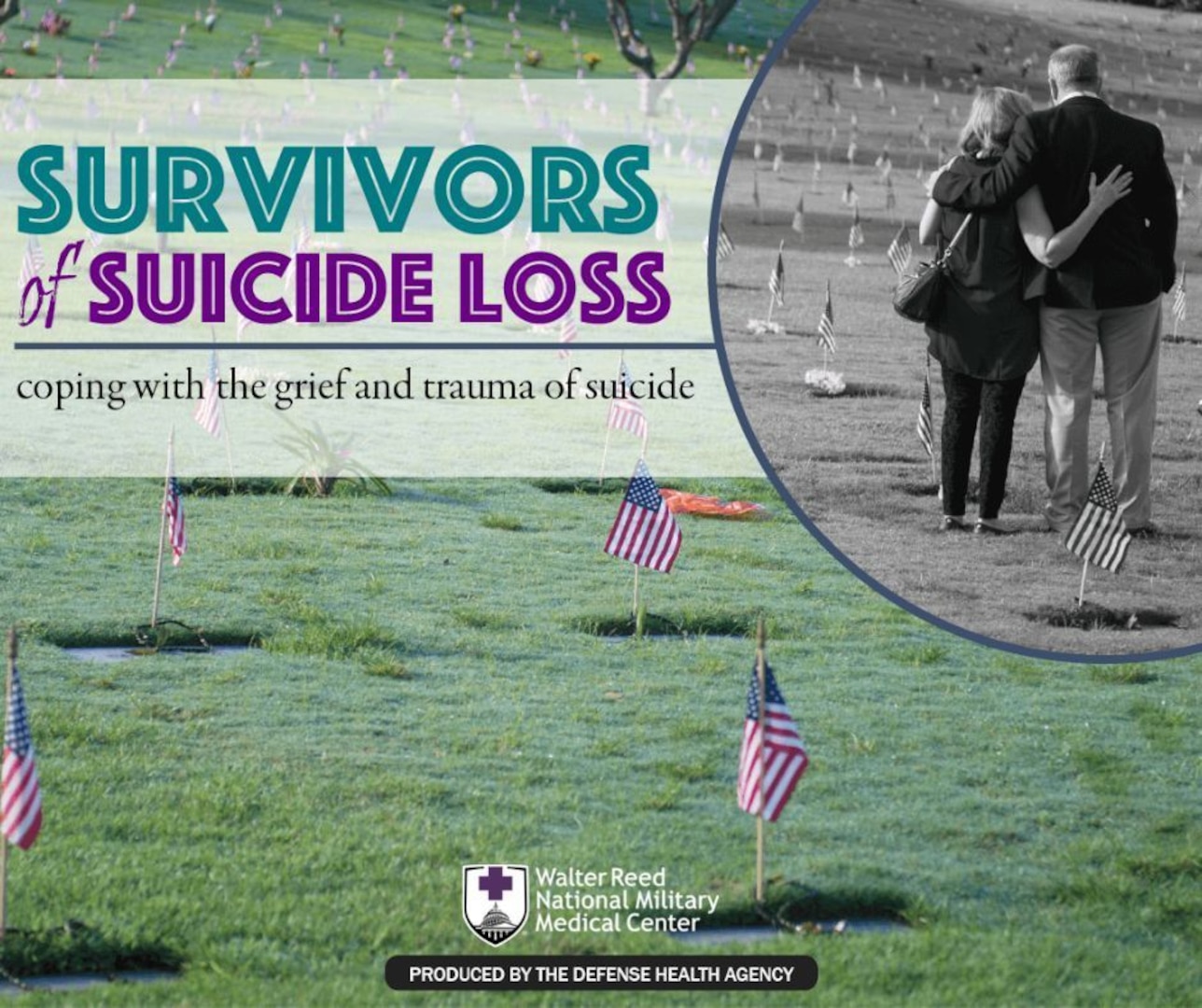 Graphic showing two people standing together at a military cemetery with American flags at each gravesite.