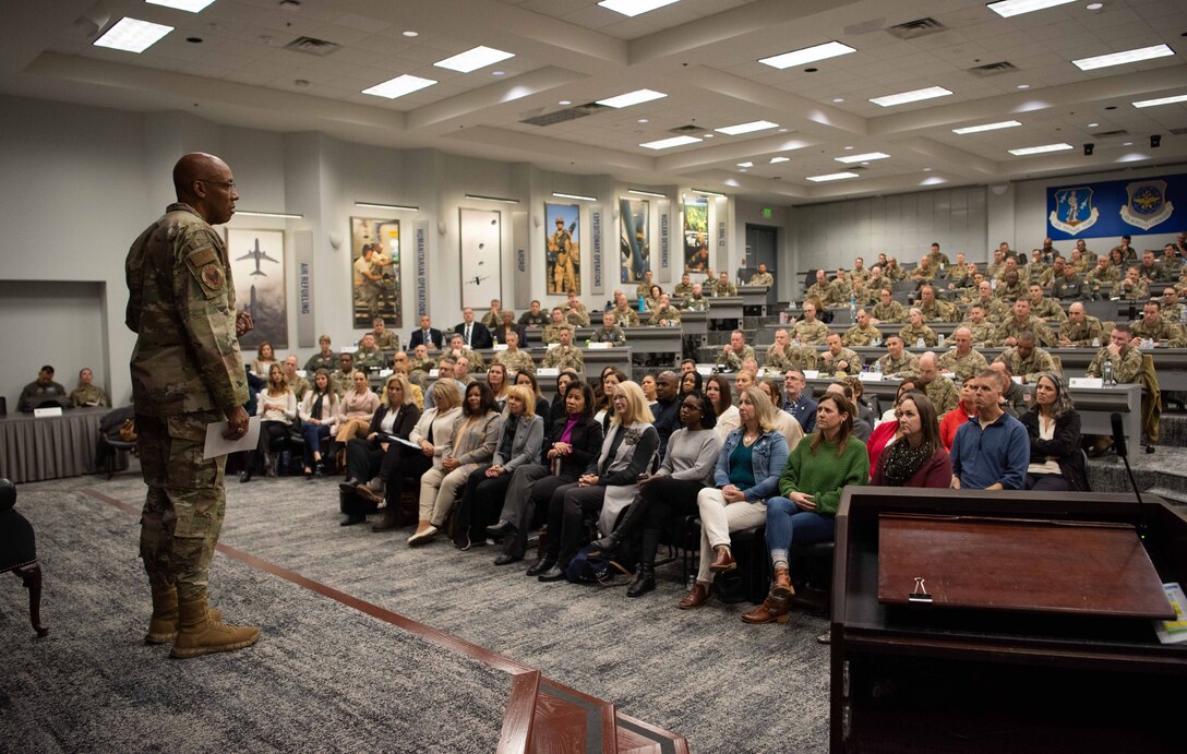 U.S. Air Force Chief of Staff Gen. CQ Brown, Jr. speaks at Air Mobility Command’s Fall Phoenix Rally at Scott Air Force Base, Ill. Nov. 17, 2022. The event brought together leaders from across the Mobility Air Forces and the broader Air Force to talk about what is required to ensure the Joint force is ready for a high-end fight. During the event, AMC presented leaders with its Competition Campaign Plan, which operationalizes the command’s strategy to provide a winning scheme of maneuver for the Joint Force. (U.S. Air Force photo by Tech. Sgt. Zachary Boyer)