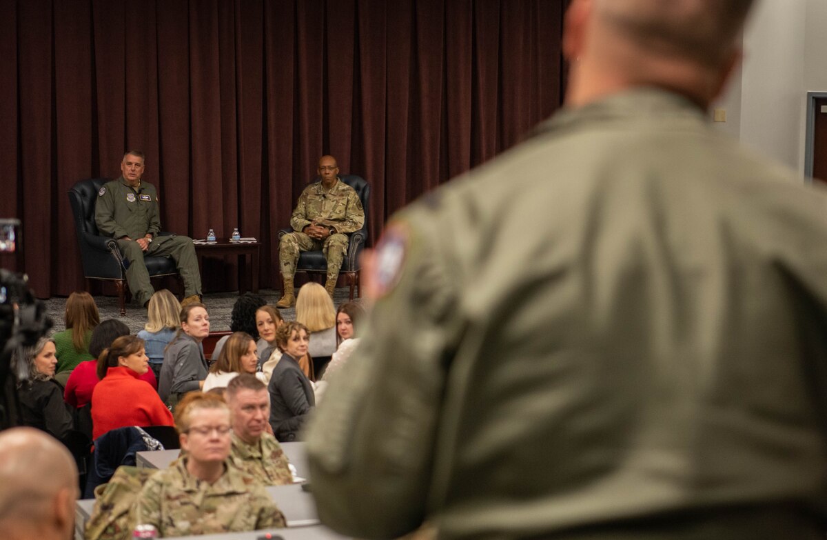 U.S. Air Force Chief of Staff Gen. CQ Brown, Jr. and Gen. Mike Minihan, commander of Air Mobility Command, answer questions at Air Mobility Command’s Fall Phoenix Rally at Scott Air Force Base, Ill. Nov. 17, 2022. The event brought together leaders from across the Mobility Air Forces and the broader Air Force to talk about what is required to ensure the Joint force is ready for a high-end fight. During the event, AMC presented leaders with its Competition Campaign Plan, which operationalizes the command’s strategy to provide a winning scheme of maneuver for the Joint Force. (U.S. Air Force photo by Tech. Sgt. Zachary Boyer)