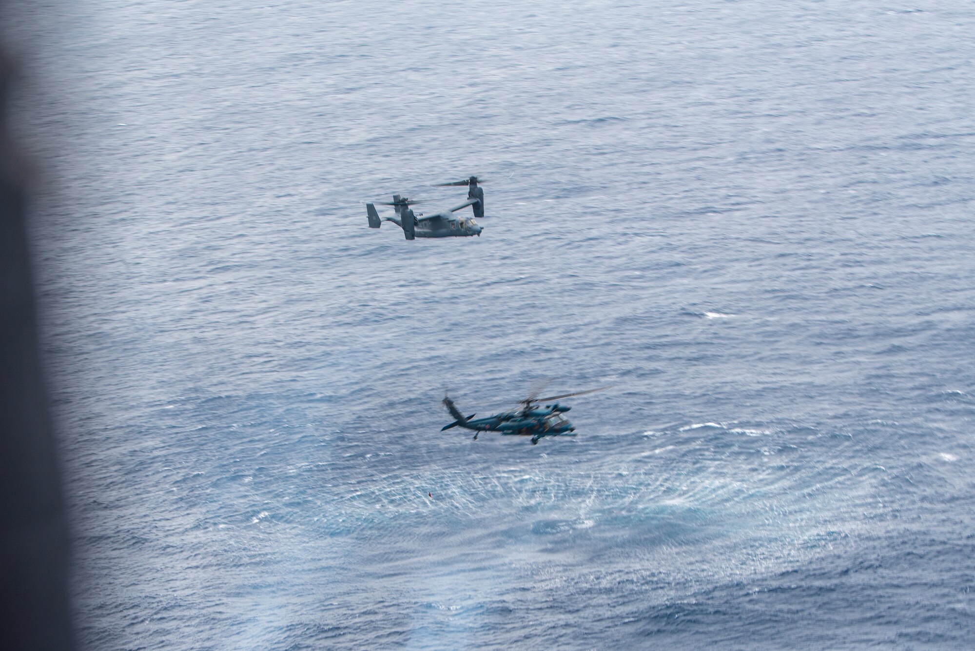 Aircraft fly during a training exercise.