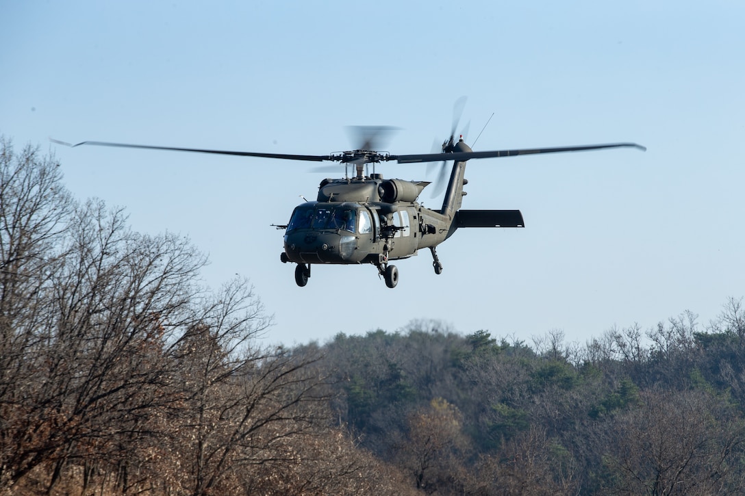 U.S. Marines with 3d Battalion, 4th Marines conduct an air assault in support of a United Nations Command Honor Guard alert contingency disbursement rehearsal during Korea Marine Exercise Program (KMEP) 23.1 at Rodriguez Live Fire Complex, Republic of Korea, Nov. 16, 2022.