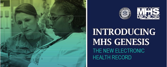 Graphic showing two health care personnel alongside the words Introducing MHS GENESIS The New Electronic Health Record and the MHS Seal and MHS GENESIS logo