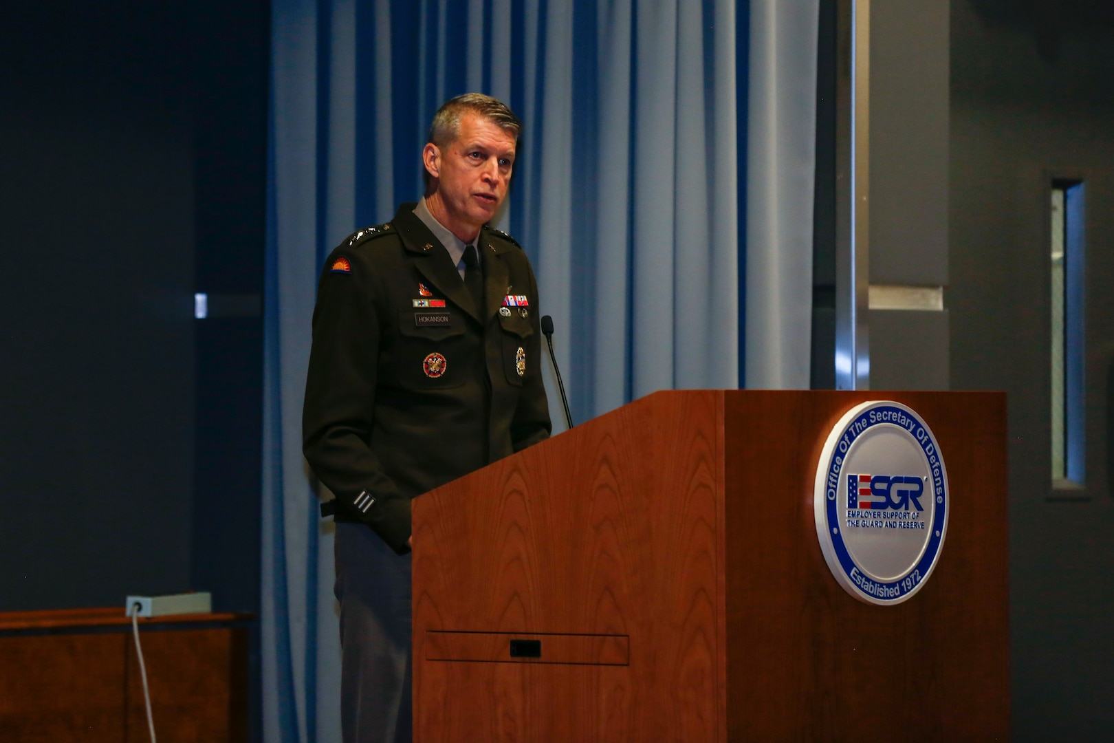 Army Gen. Daniel Hokanson, chief, National Guard Bureau, speaks to Employer Support of the Guard and Reserve state chair members and volunteers during the ESGR National Leader Meeting at the Mark Center in Alexandria, Virginia, Nov. 18, 2022. ESGR, a Department of Defense program, was established in 1972 to promote cooperation and understanding between reserve component service members and their civilian employers and to assist in the resolution of conflicts arising from an employee's military commitment.