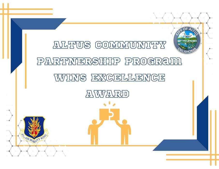 The Altus Community Partnership Program was recognized with a letter of excellence from the Air Force Association Air, Space and Cyber Conference in Arlington, Virginia,  Sept. 20, 2022.The award was presented to Charles “Chuck” Butchee, the community partnership lead, by Gen. Charles Q. Brown Jr., Chief of Staff of the Air Force and his wife, Sharene. (U.S. Air Force illustration by Airman 1st Class Kari Degraffenreed)