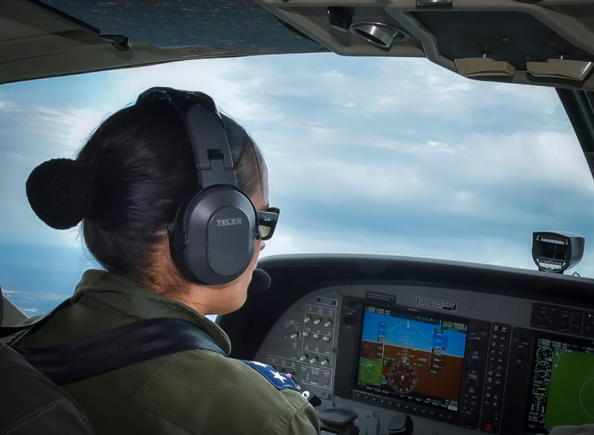 Fuerza Aèrea Paraguaya’s (FAP) Capt. Maria Jara, a FAP instructor pilot, flies a Cessna 402 aircraft during a training exercise with the 571st Mobility Support Squadron (MSAS), Sept. 15, 2022, over Paraguay. The 571st MSAS visited Paraguay to train their Air Force and build partnership capacity. During their visit, the first flight between the two Air Force units was operated and completed solely by an all-female aircrew and led by a female Paraguayan pilot. (Courtesy Photo)